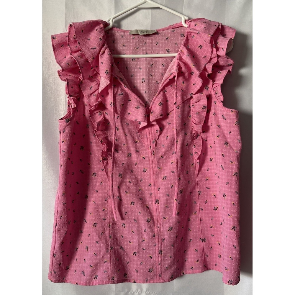 Loft Women's M Flutter Cap Sleeve Pink Floral Blouse V Neck Tie